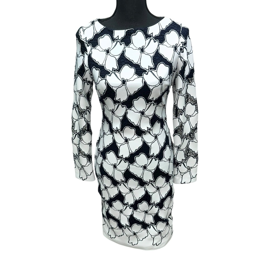 Elegant Reiss Lottie Off White Black‎ Lace Bodycon Dress Size 4 Flattering